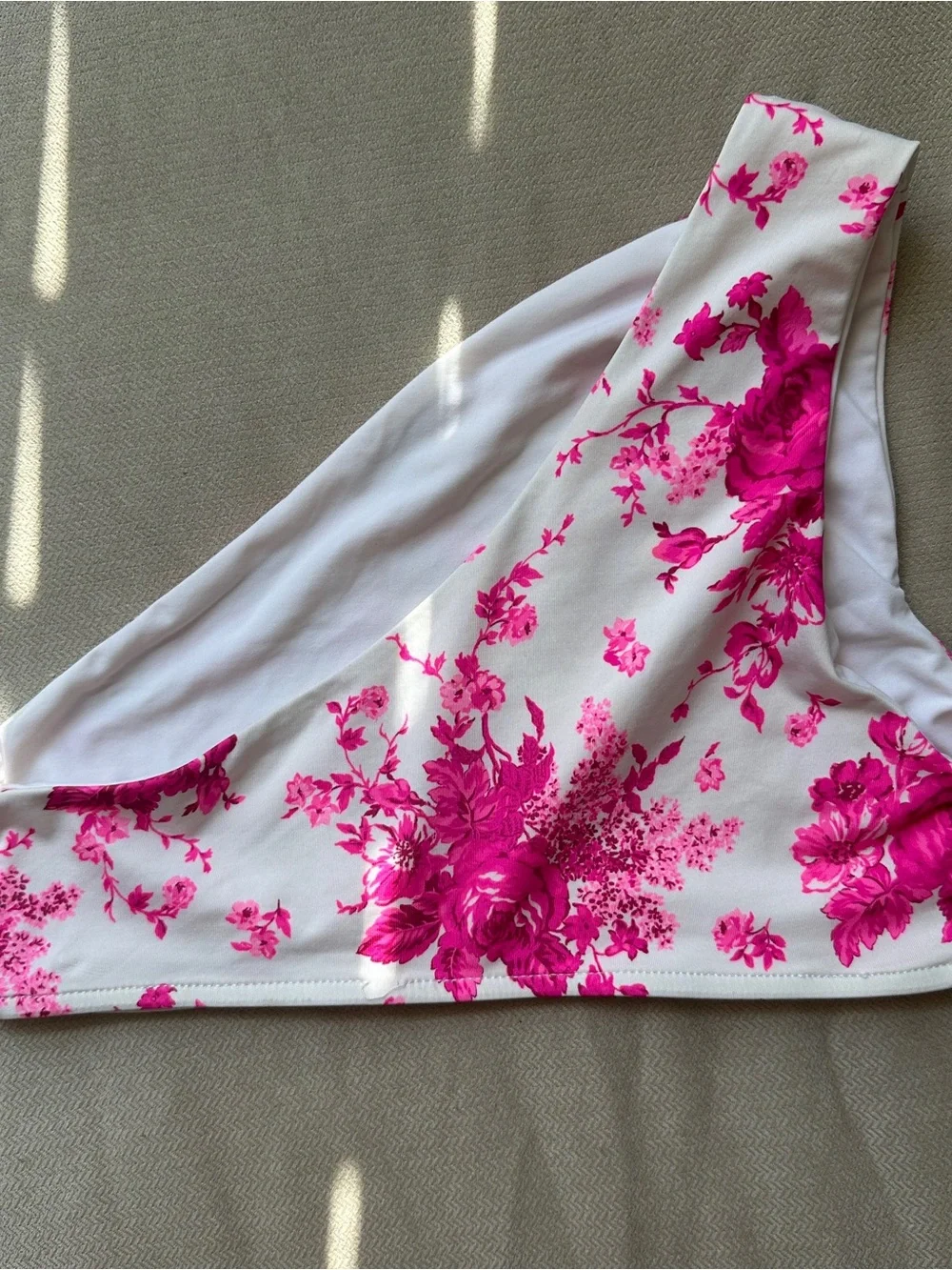 Frankie's Bikinis White & Hot Pink Floral One-Shoulder Bikini Top